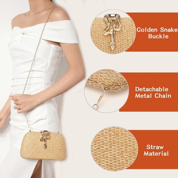 Straw Clutch Purse Women Summer Beach Handbag Woven Snake Clasp Compact - Picture 2 of 6
